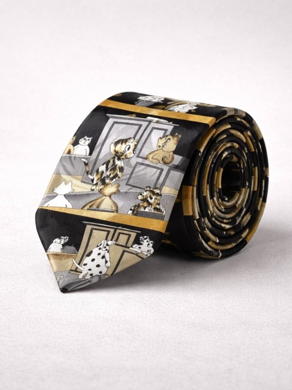 Renaissance Silk Novelty Tie Dogs Courtroom Print Black Gold Necktie